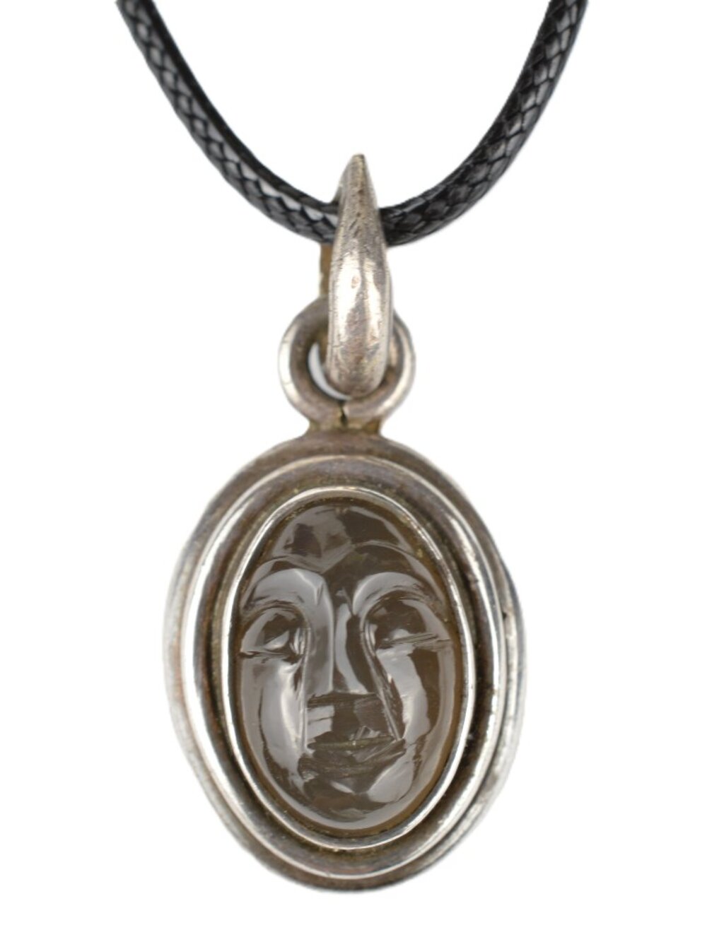 925 Sterling Silver Carved Face Pendant Smoky Quartz Mask Moon Vintage